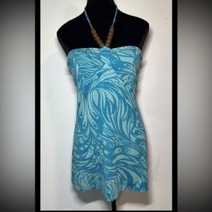 NWT Y2K Long Tube Top Susan Lawrence Tropical Shirt Halter Beads Tie Up Stretch